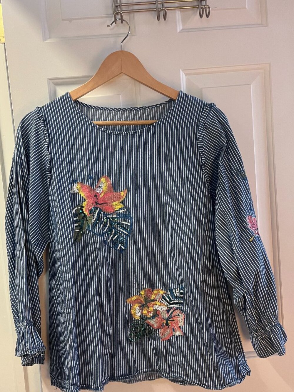 Handmade striped and embroidered pull over shirt